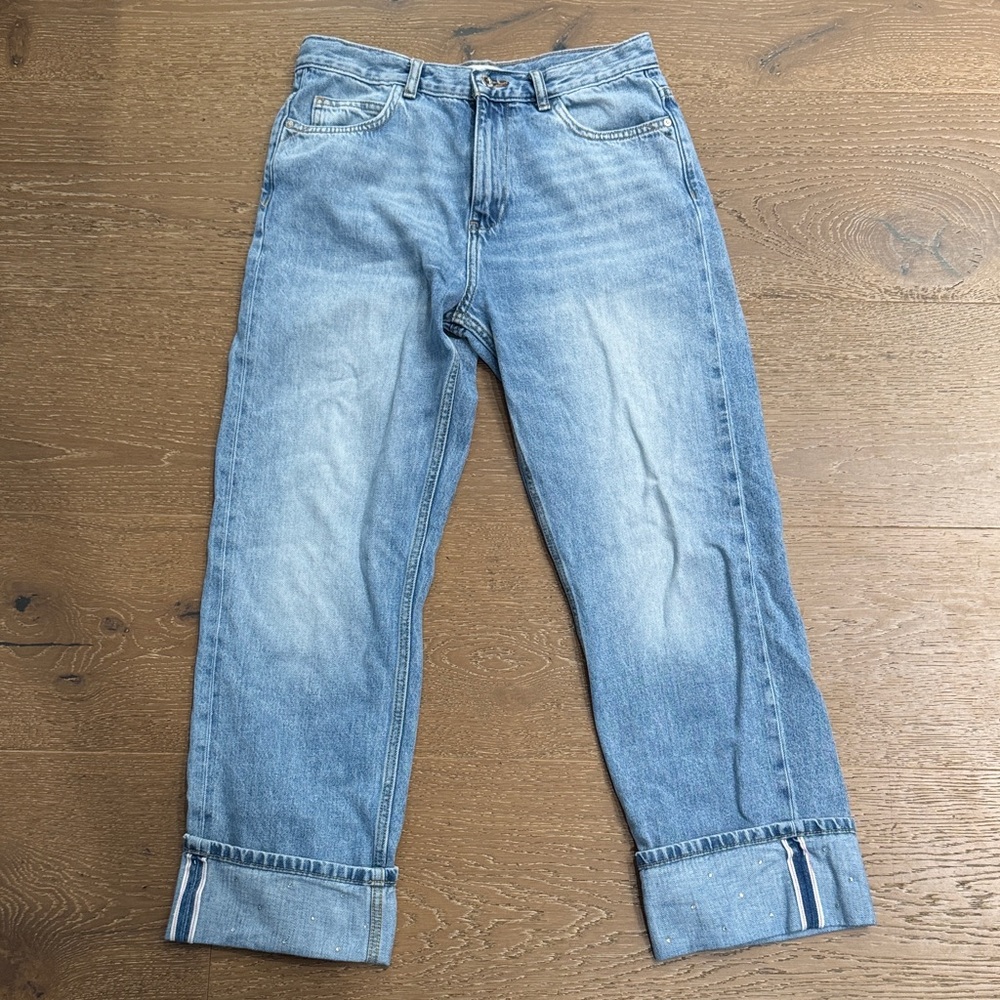 Zara Light Wash Straight Leg Jeans Cuffed Hem Embellished Size 6 - Picture 7 of 7